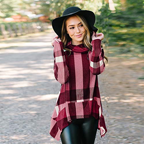 TIFENNY Women's Roll-Neck Plaid Stripe Pullover Spring Long Sleeve Irregular Hem Tops Blouse Shirt Sweatshirt Red - Thumbnail 4