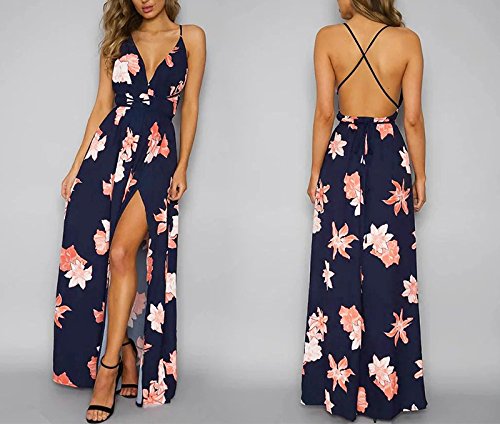Women's Sexy Lace Up Sleeveless Backless Floral Print Casual Party Maxi Long Dress,Small
