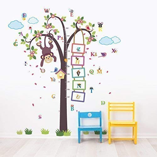 Removable Self-Adhesive Wall Stickers Nursery Monkey Measure Walplus Alphabet Mural Vinyl Home Decoration DIY Décor Wallpaper Children Kids Room Gift 148x167 cm, Multi-colour