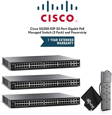 Cisco SG350-52P 52-Port Gigabit PoE Managed Switch (3 Pack) and Powerstrip With 1 Year Extended Warranty