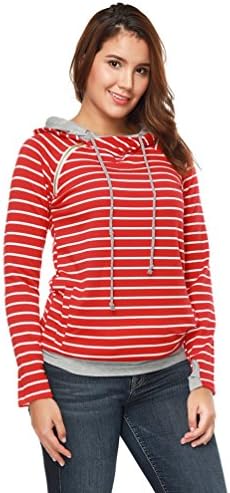 Women Long Sleeve Striped Hoodie Side Zipper Hooded Pullover Sweatshirt (Red, Large)
