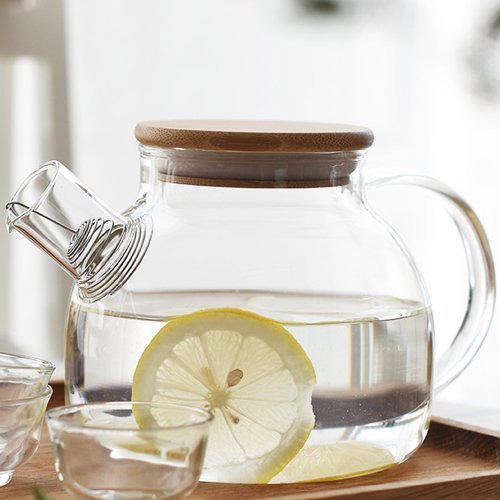 ONEISALL GYBL011 Heat Resistant Glass Teapot with Bamboo Lid Clear Glass Water Pitcher for Cold or Hot Water, Juice, Iced Tea, 33oz