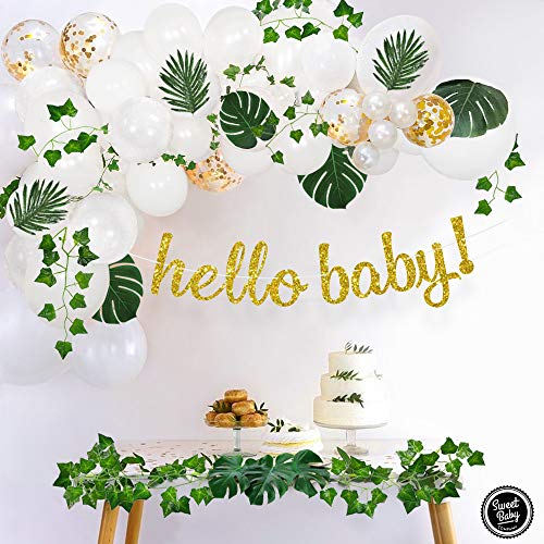 Sweet Baby Co. Greenery Boho Baby Shower Decorations Neutral with Balloon Garland, Oh Baby Banner, Ivy Leaf Garland Vines Decoration, Fake Greenery Decor for Jungle, Safari, Woodland Backdrop Theme