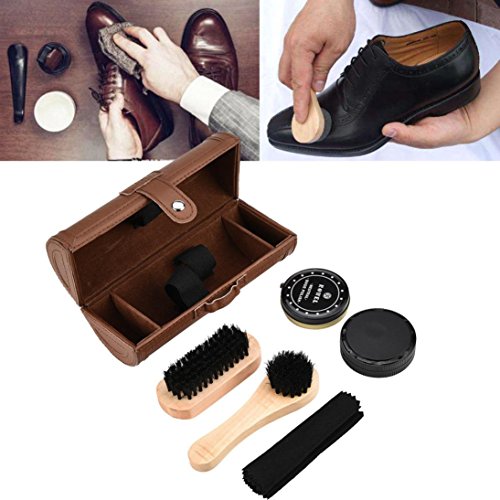 Shoe Care Kit, Brush Cleaner 8-Piece Travel Shoe Shine Brush Kit with Case Shoe Horn, Polish, Brushes, Sponge Cloth (Black)