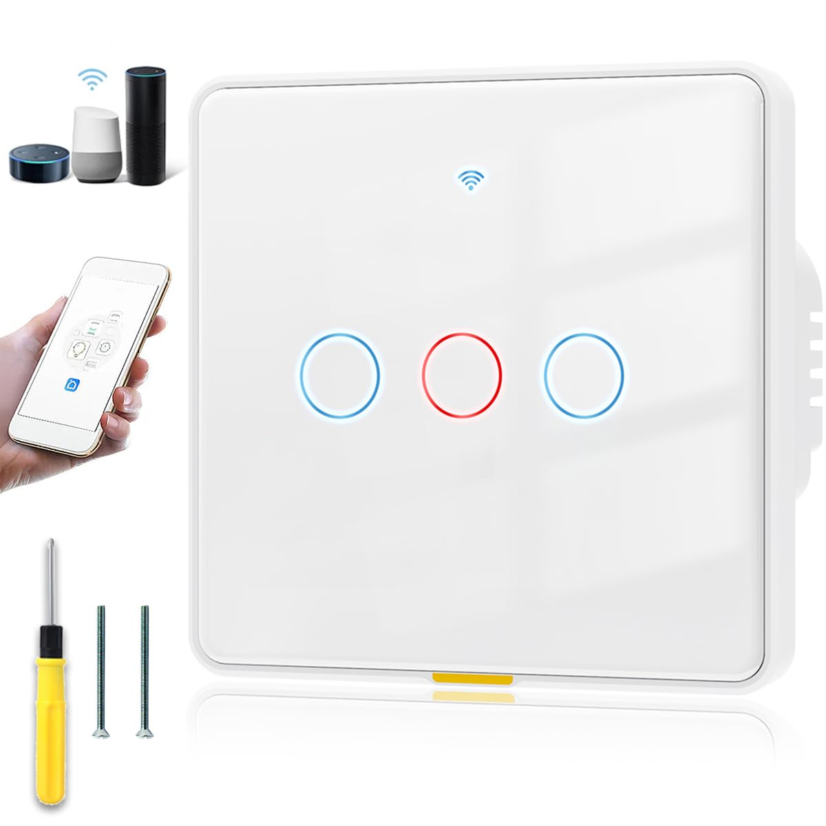 Acmerota Smart Light Switch 3 Gang WiFi Smart Touch Switch Smart Wall Light Switch Remote Control Without Internet Switch Universal Wiring Method (No Neutral+ Have Neutral) Work with Alexa&Google