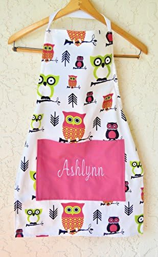 Girls personalized apron includes name in bright owl print!