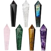 Natural White Crystal Tower Amethyst Pendulum Wand Home Decoration Rock Quartz Wand Single Point Polished Obelisk Energy Balancing Gift(Six-Sided Crystal Pendulum 7pcs Set)
