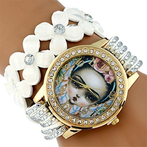 Platinun Bracelet Watch Women PU Leather Strap Wristwatch Crystal Flowers Rhinestone Vintage White