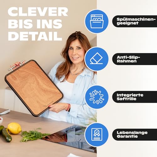 Double Sided Chopping Board Wood & Stainless Steel - 2-in-1 Kitchen Board | Non-Slip Cutting Board, Large with Juice Groove & Non-Slip Frame | Schneidewerk