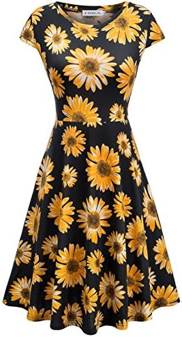 HIKA Women's Casual Elegant A Line Short Cap Sleeve Round Neck Dress