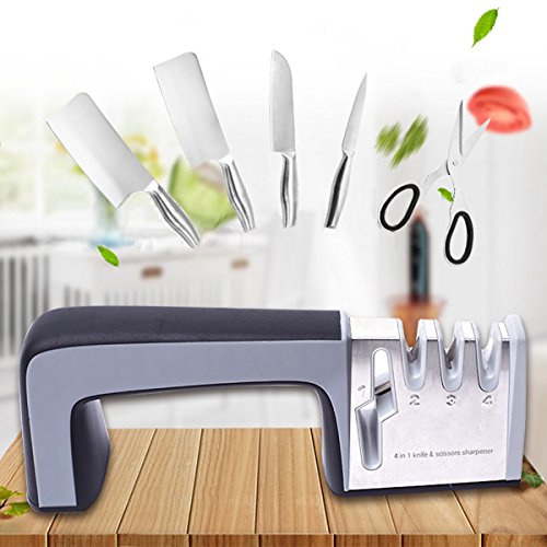 4 Stage Knife Sharpener and Scissors Sharpening System with Safe Handle & Non-slip Base, 4 in 1 Fast Sharpening Tool (Black)