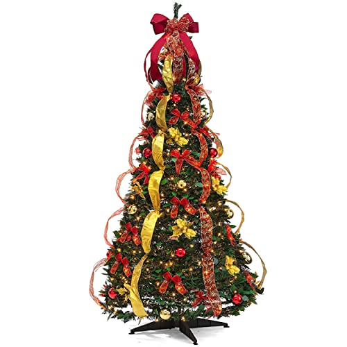PREXTEX 6 ft Fully Decorated Christmas Tree, Gold and Red Collapsible Christmas Tree with 350 Warm Lights, Bows, Ornaments, Holly Leaves and More, Pop Up Xmas Trees with Lights