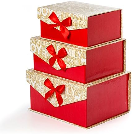 Sunbright Decorative Gift Boxes with Bows Magnetic Closure for Gift-Giving &amp; Storage, Red/Gold, Set of 3