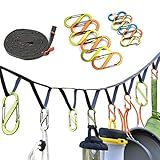 EILIKS Camping Lanyard with Hook, Camping Rope Tent Cord Camping Lanyard Storage Tent Accessories Hanging Lanyard Daisy Chain - for Camping Travel & Home Use, 118 inch with 12Pcs S-Shaped Carabiners
