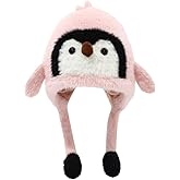 AMOFIA Girls Penguin Knit Hat Boys Cartoon Warm Fuzzy Beanie Winter Novelty Fleece Lining Cap with Ear Flap 2-9 Years