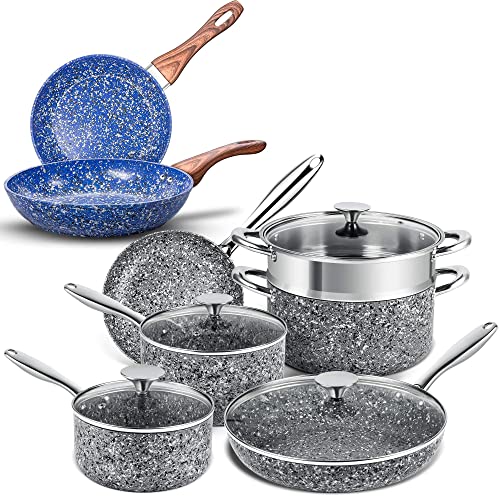 MICHELANGELO Gray Stone Cookware Set 10 Piece+Blue Stone Frying Pan Set 9.5" & 11", Ultra