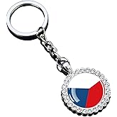 Ruoming 1 National Flag Keychain With Rhinestones, Glass Dome Pendant, Silver Metal Chain, World3