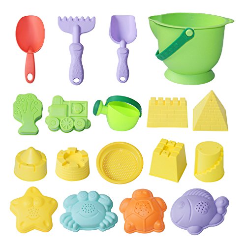 MEIGO Beach Sand Toys - Toddler Outdoor Pool Bath Play Set Soft Plastic Sandbox Toys with Models and Molds Bucket Shovel Rake Mesh Bag for Baby Kids (18pcs)