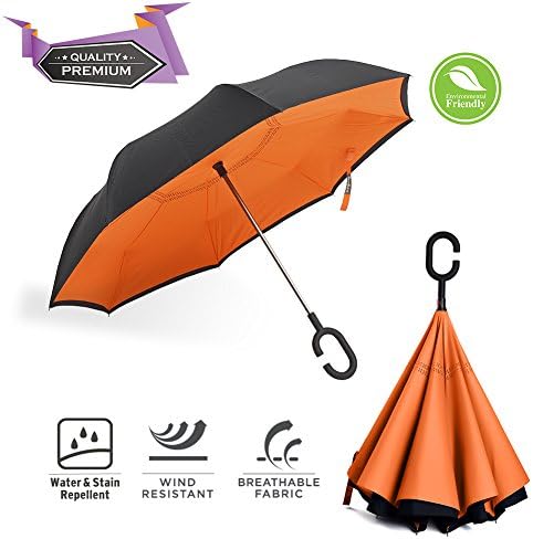 BravRain Inverted Umbrella Windproof Upside Down Reverse Travel Umbrella for Women Double Layer Inside Out Reversible Folding Large Car Umbrella for Men - Foldable UV Sun Rain Golf Umbre (Tangerine)