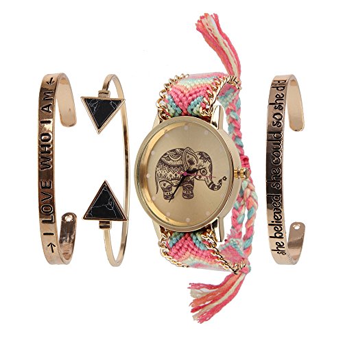 Beauty7 4PCS Elephant Tree Triangle Turquoise Love Believe Quote Stackable Cuff Bracelet Watch Set Bangle