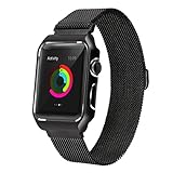 for Apple Watch Band Milanese Loop,LikeItY Stainless Steel Magnetic Band with Metal Case for Apple Watch Series 1/2/3 - Shockproof Protective Bumper Replacement Strap(38mm Black)