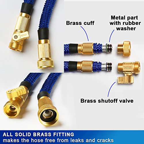 Iserlohn 50ft Expandable Garden Hose with 8 Pattern Spray Nozzle and 12 Pack Washer, Water Hose with Triple Layer Latex Core, Solid Brass Connector, Blue