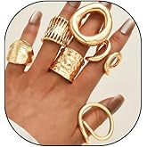 Uarein Gold Plated Geometric Chunky Hammered Rings Set for Women,Open Adjustable Pleated Stacking Knuckle Finger Ring Set Punk Party Jewelry Accessories Gift