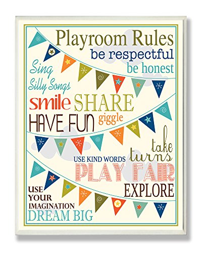 Stupell Home Dcor Playroom Rules With Pennants In Blue Rectangle Wall Plaque, 11 x 0.5 x 15, Proudly Made in USA