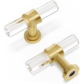 Peaha Acrylic Drawer Knobs, Kitchen Cabinet Handles Gold 10 Pack, Dresser Drawer Pull Brushed Brass Cabinet Hardware T Bar Cabinet Knobs Decorative Kitchen Cabinet Knob for Dresser Bathroom