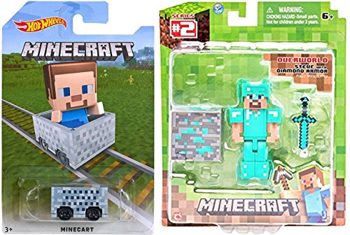 MineCart Hot Wheels with Overworld Pack Diamond Steve Figure Player Pack Series 2 with game gear items set Minecraft Car Compatible with Minecraft Characters