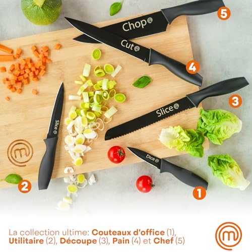 MasterChef Set Couteau Cuisine, Couteaux compris le Hachoir, Office, Chef, Legume & Eplucheur, Set Noir Inox avec Poignées Confortables, Collection Antirouille, Noir with captions, 5 Pièces