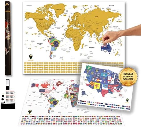 Scratch Off World Map XXL with Bonus A3 USA map - GLOBAL WALKABOUT- Country/State Flags Under Scratch Off Areas – Countries, Facts and Accessories – Travel Gift (White)