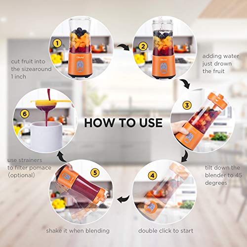 Portable Blender, Olivivi 2020 Multifunctional Personal Blender Mini Smoothie Blender 6 Powerful Blades, 4000mAh Rechargeable USB Juicer Cup Bottle with strainer Cleaning Brush for Travel BPA Free Orange