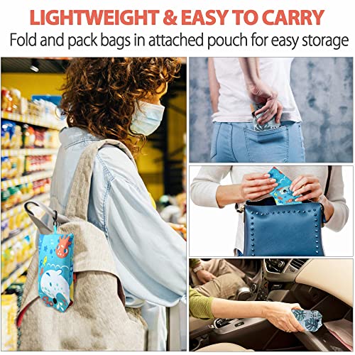 LotFancy Reusable Grocery Bags,Extra-Large/Large Foldable Shopping Bags with Attached Pouch, Waterproof Nylon Grocery Bags, Machine Washable and Eco-Friendly