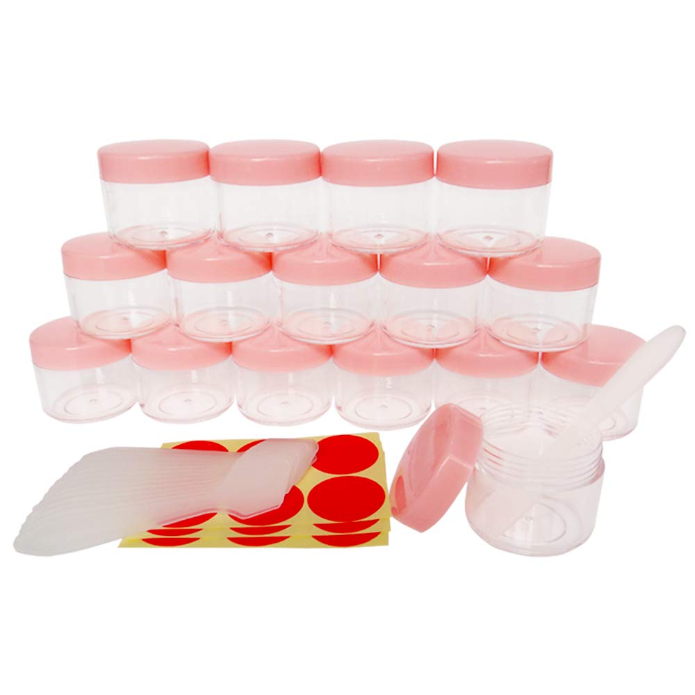 Wopanxye 16pcs 20 Gram Small Jars, 20ml Cosmetic Sample Empty Container, Plastic Round Pot Pink Screw Cap Lid, Tiny 20g Bottle for Makeup Eye Shadow Nails Powder Jewelry Cream Bath Lotion Lip Gloss