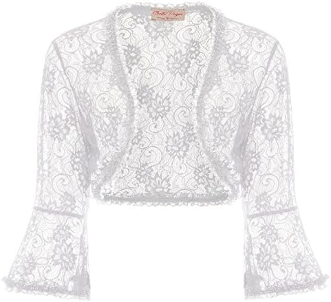 JS Fashion Vintage Dress Ladies Floral Lace Shrug Bolero Cardigan Crop Top (XXL, White 593-2)