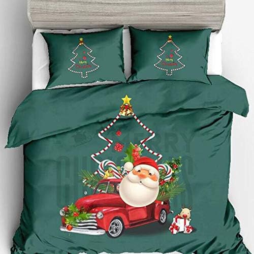 FDROL Bedding Quilt Cover Set 3-Piece Suit Merry Christmas Santa Claus Red Truck Christmas Tree Bell Cane Candy Dark Green Cotton 1 Duvet Cover 2 Pillowcases (Dark Green, King(260X230cm,51X90cmX2))