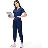 KARAZZO Scrubs Set for Women Nurse Uniform Jogger Suit Stretch V-Neck Scrub Top & Jogger Pant with Pockets for Nurse Workwear
