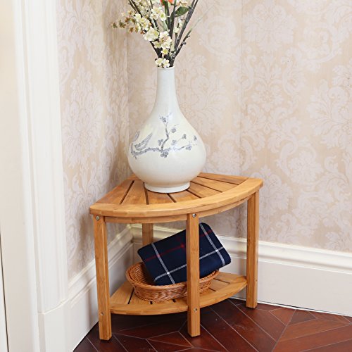 Corner Shower Bench with 2-Tier Storage Shelf,Deluxe Bamboo Shower Bench Bath Stool Applicable to Bathroom or Living Room Natural and Eco-friendly,By Artmeer