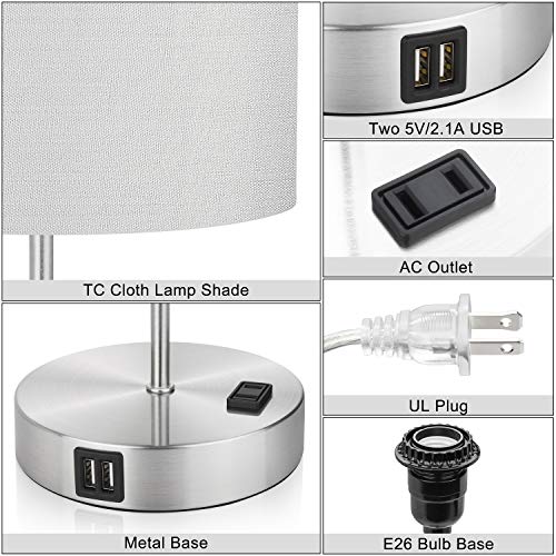 Touch Control Table Lamp, 3 Way Dimmable Bedside Desk Lamp with 2 Fast USB Charging Ports and AC Outlet, Nightstand Lamp for Bedroom Living Room, Modern Office Lamp, Silver Base, 60W LED Bulb Included