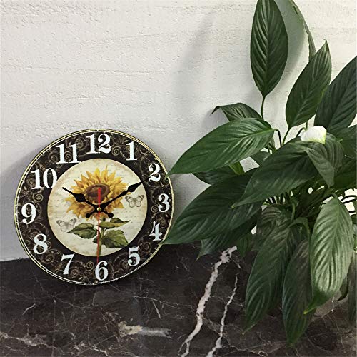 Qukueoy Sunflower Wood Wall Clock Decor (Black, 10inch)