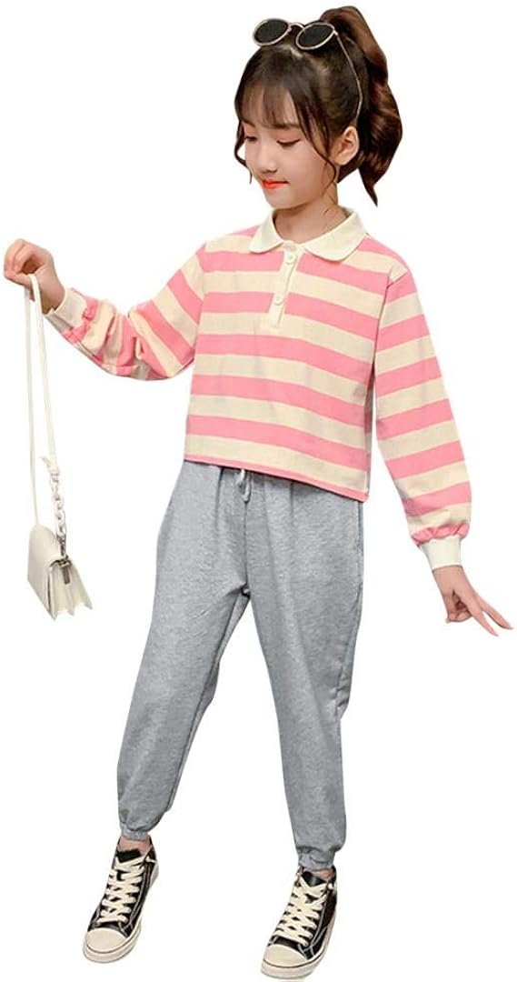 Aculldo 子供服 女の子 セットアップ 上下 2点セット 秋 長袖 シャツ カットソー ロングパンツ トップス ストライプ ズボン 子供 キッズ ガールズ カジュアル 普段着 Tシャツ カットソー 通販 Amazon