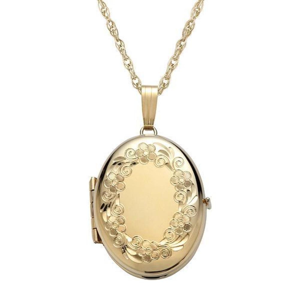 Women's & Ladies 14k (Karat) Yellow Gold-Filled Engraved Oval Four Picture Locket, Gold-Filled Locke