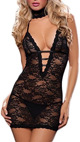 Women's Sexy Halter Deep V Cut Lace Lingerie G-String Lingerie Set Bodycon Babydoll Night Dress