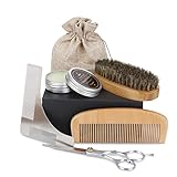 Beard Brush Kit, Rquite Beard Grooming Set- Anti-static Boar Bristle Brush, Beard Comb, Stainless Steel Scissor & Beard shaping Tool, Natural Beard Wax, Carry Bag and Gift Box- Ideal Beard Kit for Men