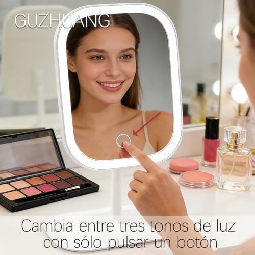 GUZHUANG Espejopara Maquillaje，con Lupa 5X ，Luces Tricolor Maquillaje con Luces，Interruptor Táctil，Portátil Espejos con Luz，Rotación de 360 Grados，con Bandeja Espejo con Aumento Y Luz (Blanco)