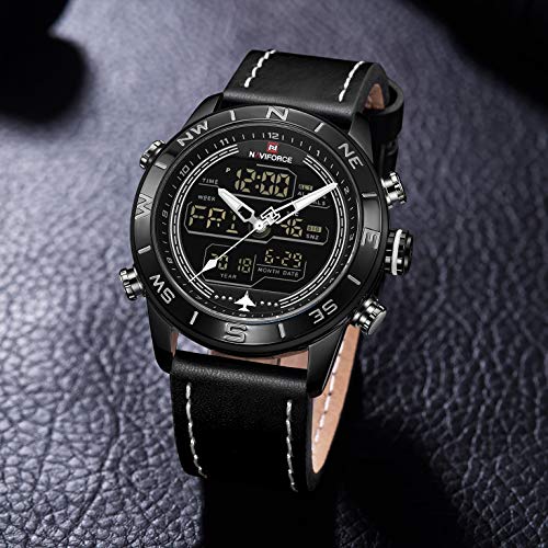 Genuine Leather Band Analog Digital LED Dual Time Display Outdoor Sport Watch Mens Watch Black - Thumbnail 2