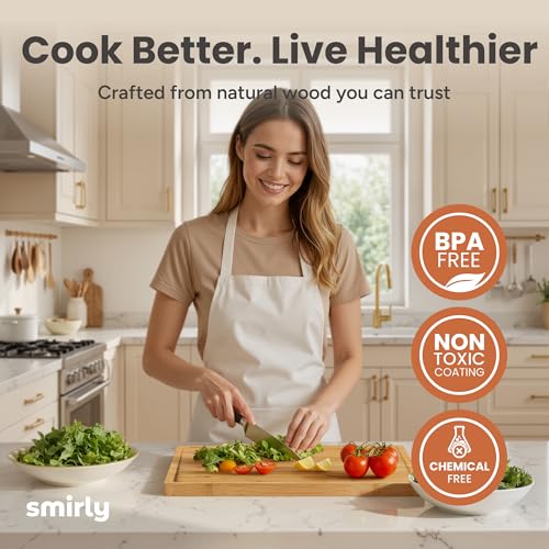 SMIRLY Bamboo Cutting Boards for Kitchen - Wood Cutting Board for Meal Prep, Serving, Charcuterie - Kitchen Gadgets, House Warming Gifts - Wooden Chopping Board Set of 3 with Holder - Natural Bamboo