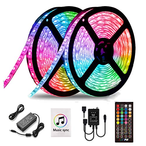 LED Strip Lights Sync to Music, Kousee 32.8ft Flexible 10m Self-Adhesive RGB Light Strips Remote Color Change IP65 Waterproof 300LEDs 5050 Tape Lights Neon Ribbon Room Mood Lighting 12V for Bedroom