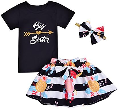 AlwaysFun 2 Styles Of Baby Girls Letters“Big&amp;Little Sister”Printed Tops+Floral Striped Pants+Hat+Headband Outfits Set (Flower-Black, 2-3T)